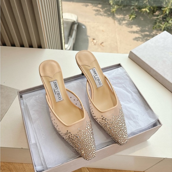 Jimmy Choo Shoes - Jimmy Choo Nude Crystal-Embellished Pointed Mule